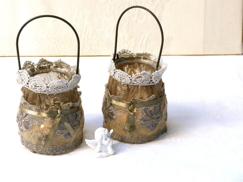 Свадьба - Candle  Holder, Glass Lace Holder, Personalized gift,  Shabby chic lace  Centerpiece, Set Mason Jar Lace , Rustic candle holder.