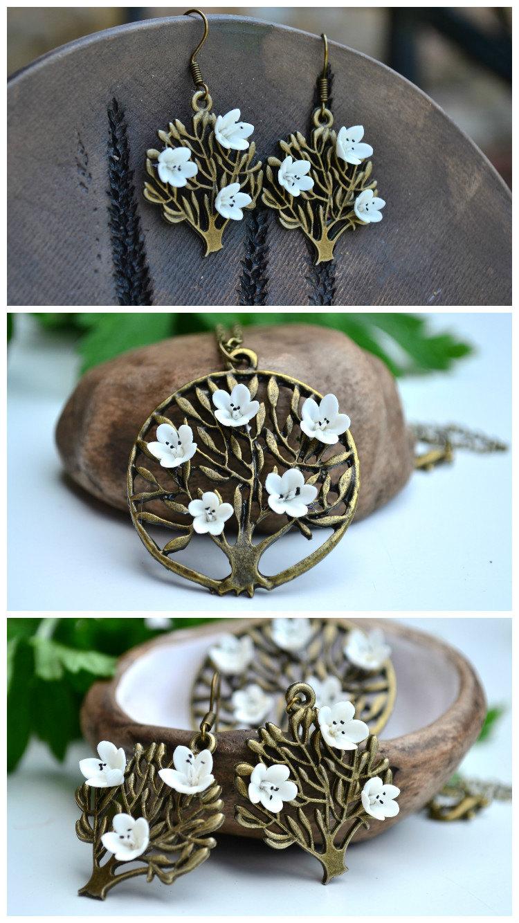 Wedding - Tree of life necklace pendant jewelry. Blossom flower tree of life necklace. Blossom necklace. Sakura necklace. Polymer clay flower necklace