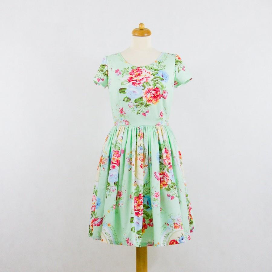 Wedding - Custom made floral bridesmaid dress, Vintage inspired bridesmaid dress, Mint green dress with short sleeves.