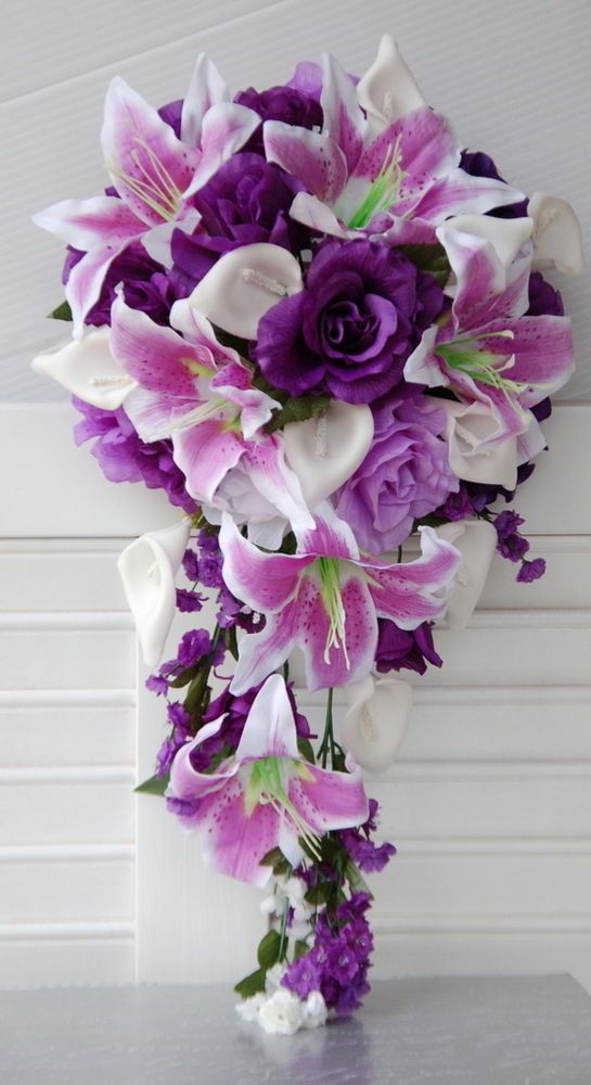 Wedding - 2pc Wedding Flowers:Cascade Bridal Bouquet&Boutonniere:Lavdender,Purple,White