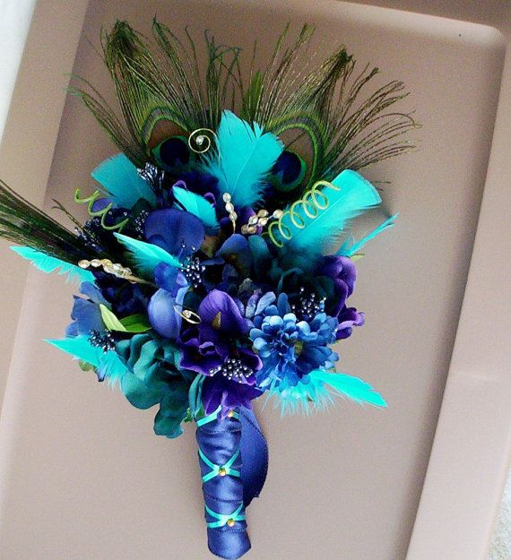 Wedding - Peacock Turquoise Bridal Bouquets Custom -3rd- Payment For Katrina