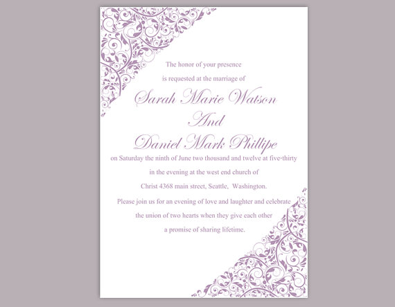 Свадьба - DIY Wedding Invitation Template Editable Word File Instant Download Printable Invitation Lavender Invitation Purple Elegant Invitation
