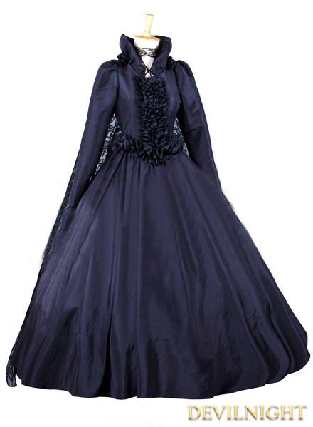 Wedding - Black Long Sleeves Gothic Victorian Dress with Lace Cape
