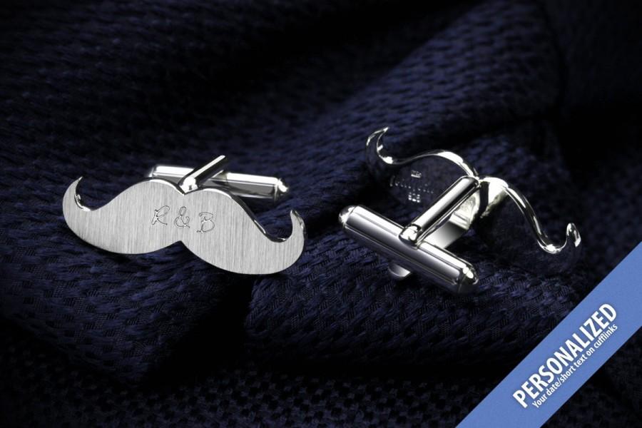 Свадьба - Sterling Silver Cufflinks - Groom gift from bride - Mustache Cufflinks Personalized with date or initials