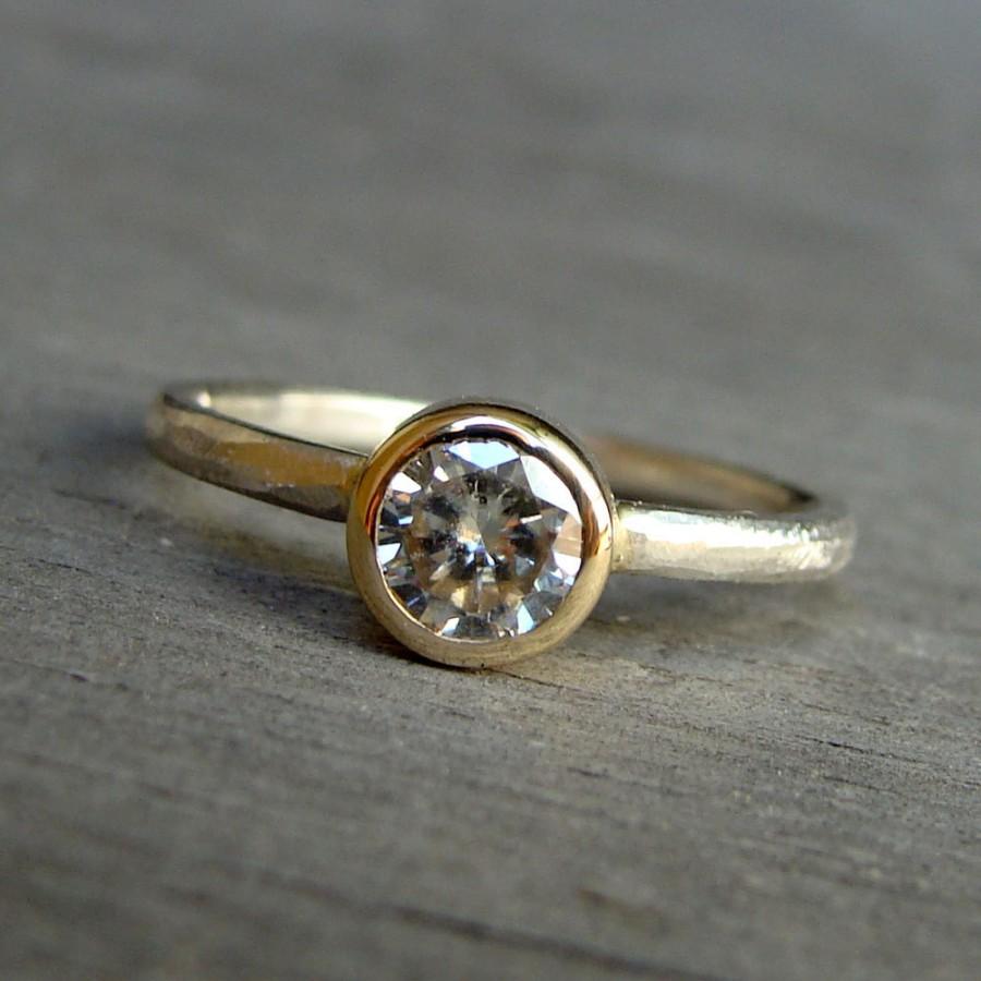 Свадьба - Engagement Ring - Moissanite, Recycled 14k Yellow Gold, and Recycled 18k Palladium White Gold Solitaire, Made to Order