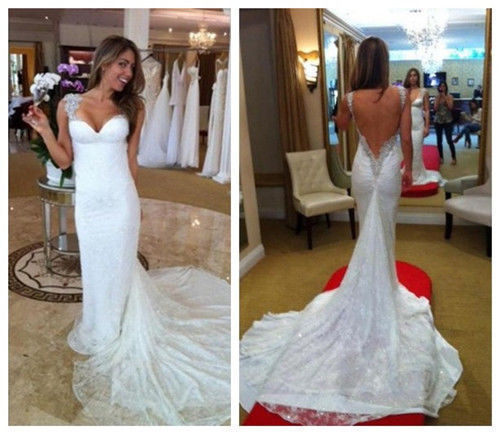 زفاف - New sexy v-neck backless mermaid lace wedding dress custom size 4 6 8 10 12 14++