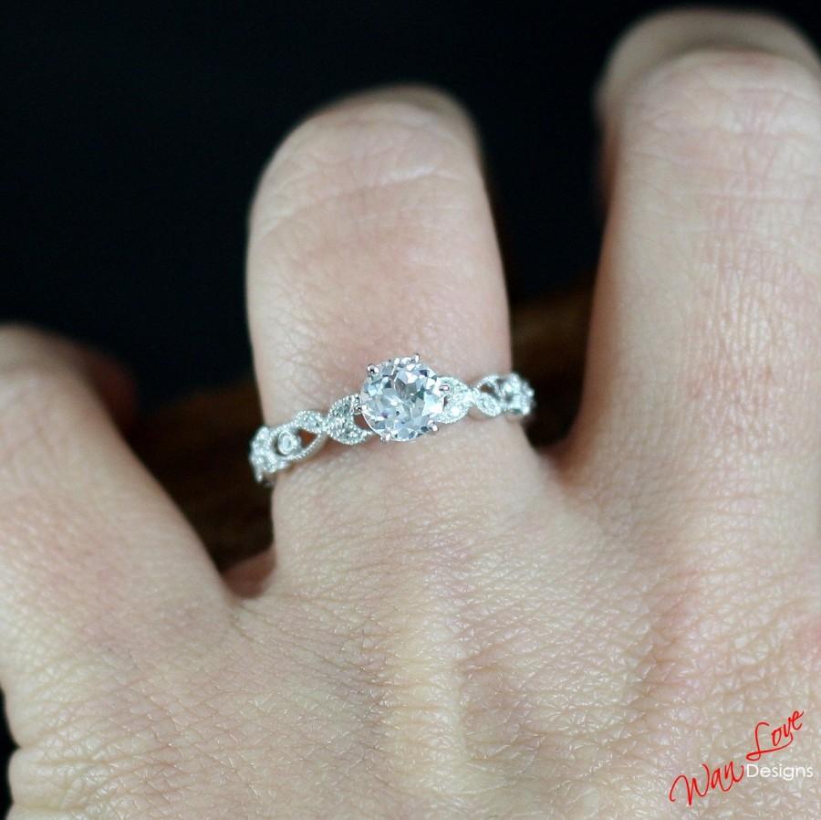 Hochzeit - White Topaz & Diamond Milgrained Leaf Engagement Ring Round Eternity Stackable Band 1 ct 6mm 14k 18k White Yellow Rose Gold-Platinum-Custom