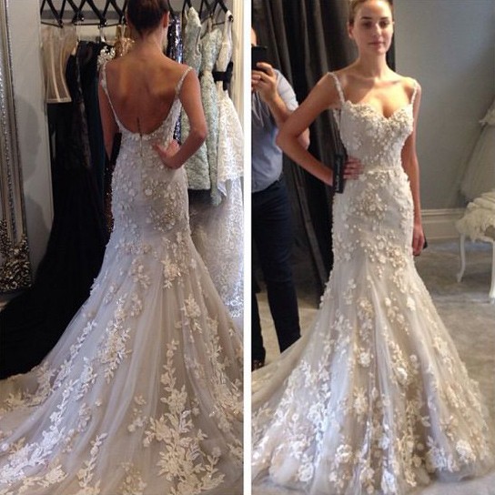 زفاف - Charming Spaghetti Straps Mermaid Wedding Dress Bridal Gown with Aqppliques