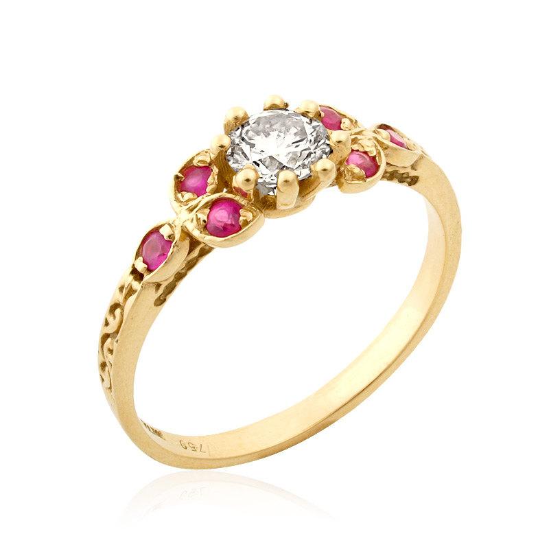 Wedding - Diamond Engagement Ring, Diamond Ruby Ring, Vintage Style, Gold Engagement Ring, Floral Diamond Ring, Antique Style, Unique Engagement Ring
