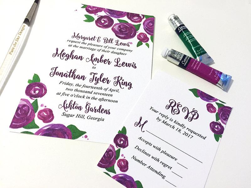 Wedding - Rose Wedding Invitation Card - Watercolor Wedding Invitation RSVP Card "Lovely Roses" Purple Wine Wedding Invitation - Watercolour Wedding