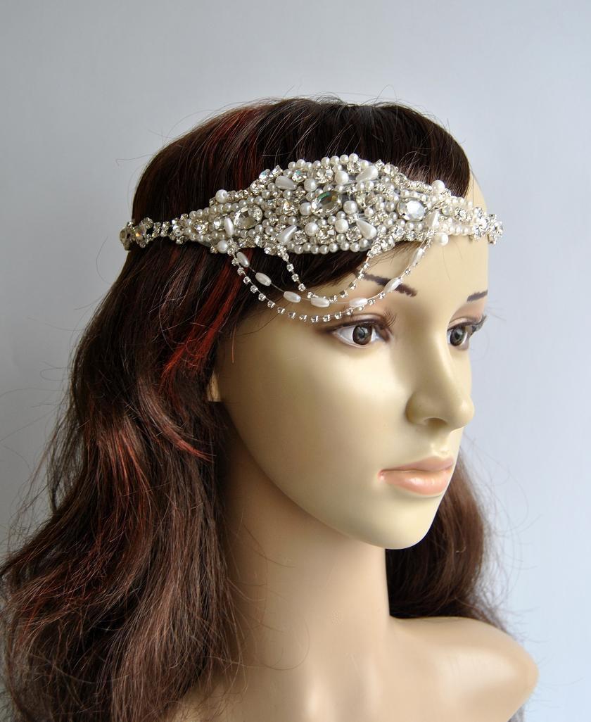 Hochzeit - Great Gatsby 1920s flapper headband headpiece Rhinestone Headband, Wedding Hair piece, Beaded bridal wedding Crystal Ribbon Headband