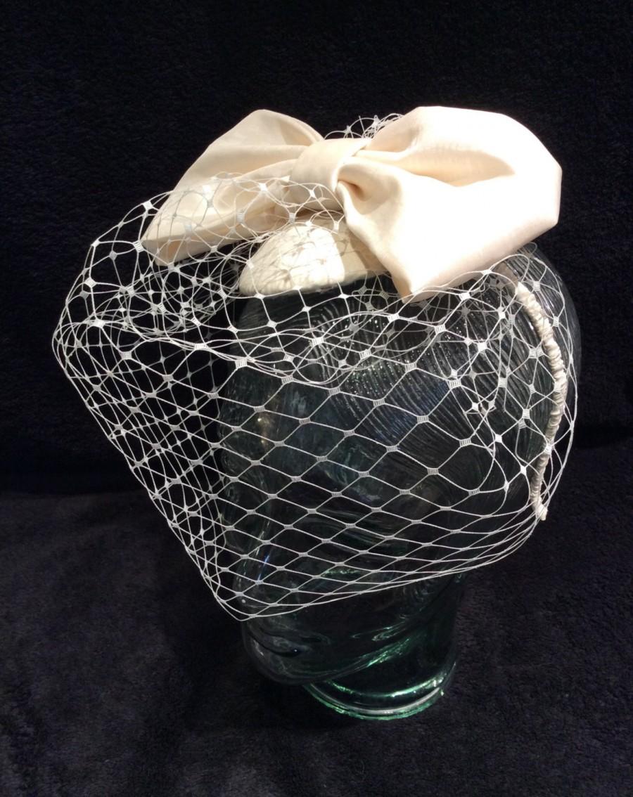 Mariage - Bridal Ivory Headpiece Water Mark Taffeta with Birdcage Veil Bow Fascinator Cocktail Hat Chic sophisticated