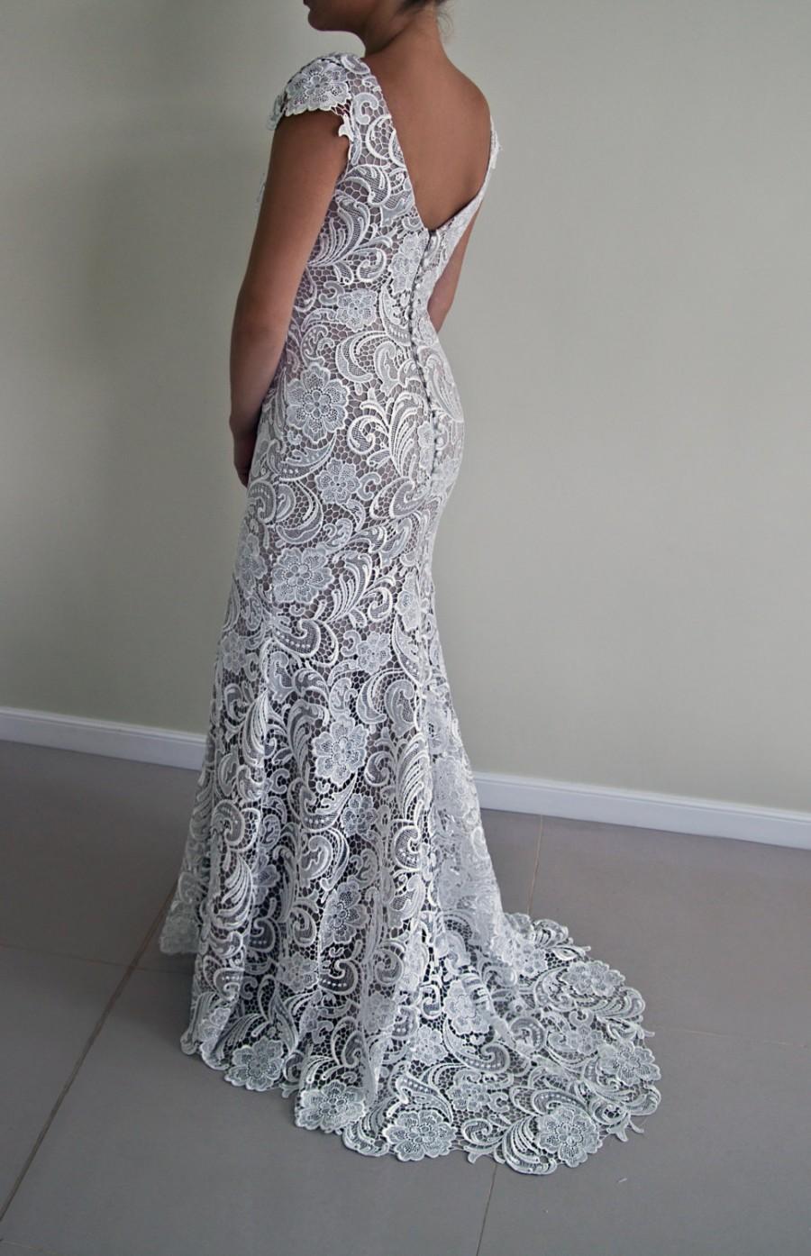 Wedding - Brussels Lace Wedding Dress, V Back, Scoop Neckline, Lace Wedding Dress, Trumpet Wedding Dress