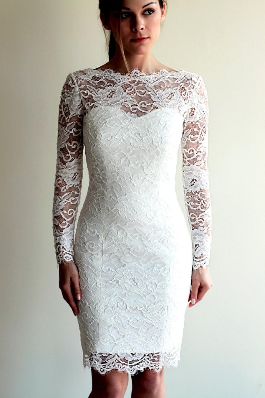 Mariage - Short Wedding Dress with Sleeves and Illusion Neckline and Illusion Back, Reception Lace Dress, See-through Lace Dress