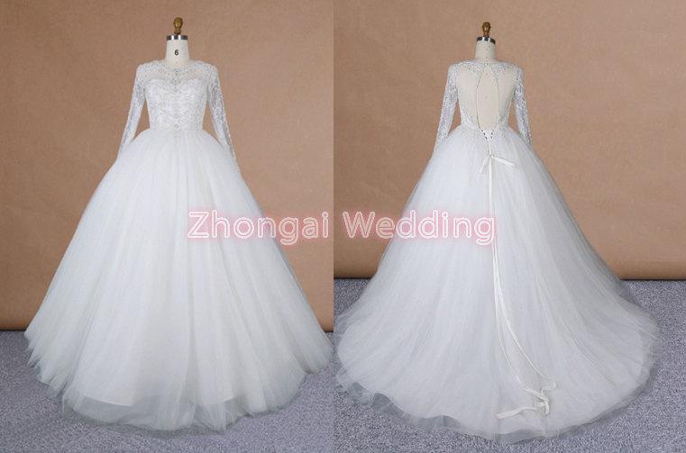 زفاف - Beading Wedding dress, elegant bridal dress, Long sleeves, ball gown, big train, hollow back, Tulle dress,Sheer neckline