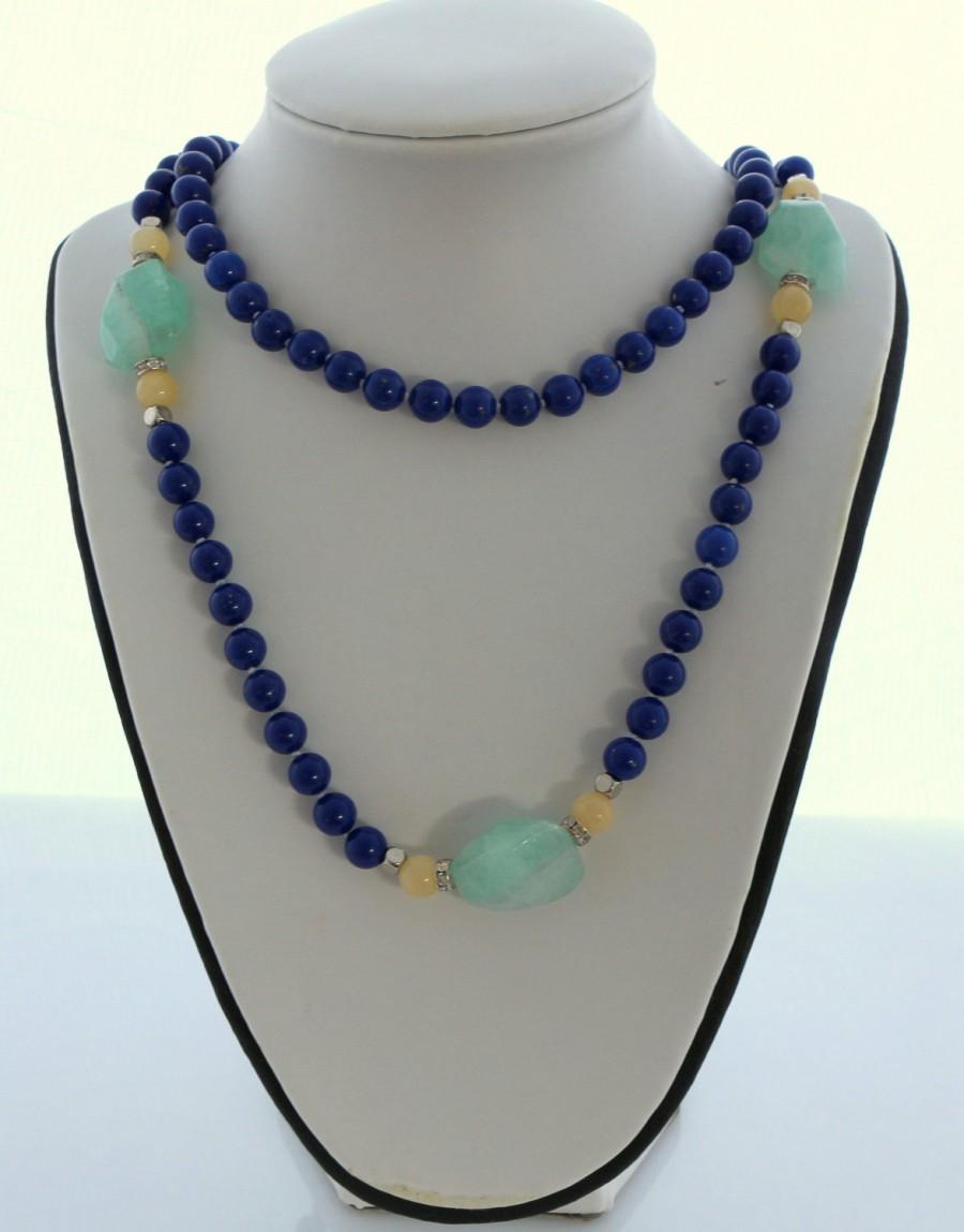 Wedding - Lapis Lazuli chunky necklace / Gemstone statement necklace / Long beaded necklace / Fluorite stones / Blue statement necklace / Gift for her