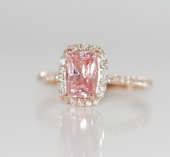 زفاف - Reserved Down Payment -Rose Gold Ring Engagement Ring. Peach Sapphire 1.63ct Cushion Sapphire Diamond Ring