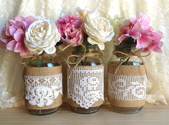 Mariage - Burlap And Lace Covered 3 Mason Jar Vases Wedding Deocration, Bridal Shower, Engagement, Anniversary Party Decor