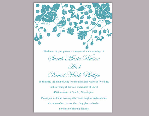 Mariage - DIY Wedding Invitation Template Editable Word File Instant Download Printable Teal Blue Invitation Elegant Flower Wedding Invitation
