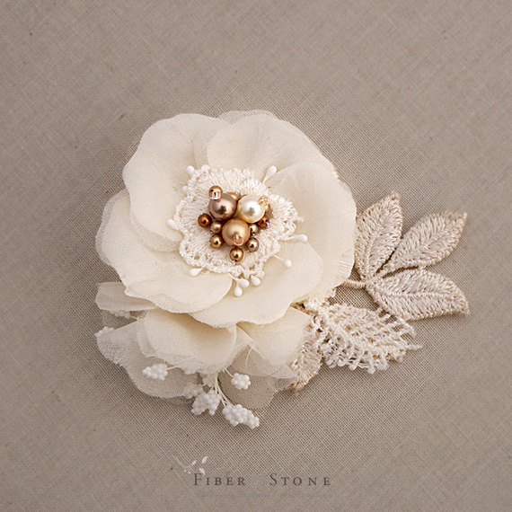 Wedding - Vinatge Inspired Wedding Hair Accessory, Wedding Headpiece, Gold Bridal Headpiece, Ivory Bridal Hair Flower, Wedding Hair Flower with Pearl
