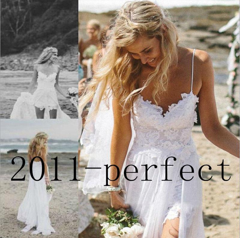Mariage - Stock Beach Wedding Dress Spaghetti Lace Chiffon Bridal Gown Size 4 6 8 10 12 14