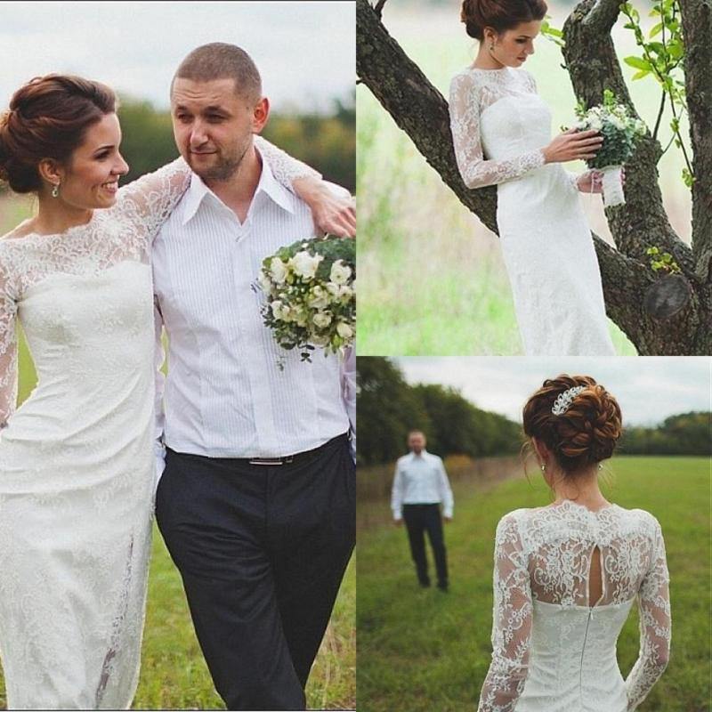 زفاف - Long Sleeve White Ivory Lace Formal Wedding Bridal Gown Dresses Custom Size New