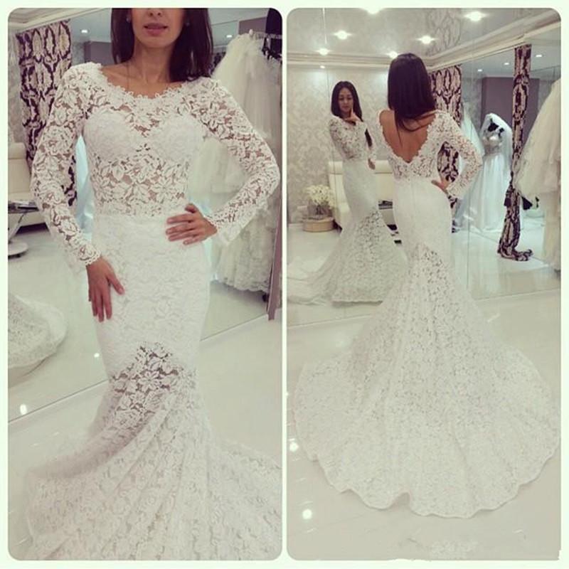 زفاف - Lace Wedding Dresses Backless Long Sleeve Mermaid Bridal Gown Custom Size White
