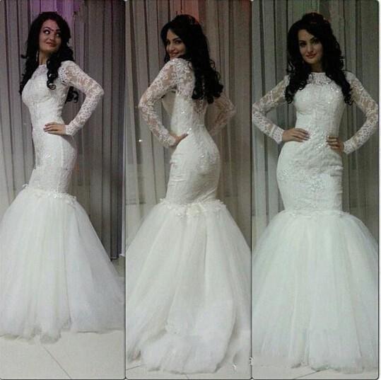 زفاف - Long Sleeve Mermaid Lace Sexy Formal Wedding Bridal Gown Dress White Custom New