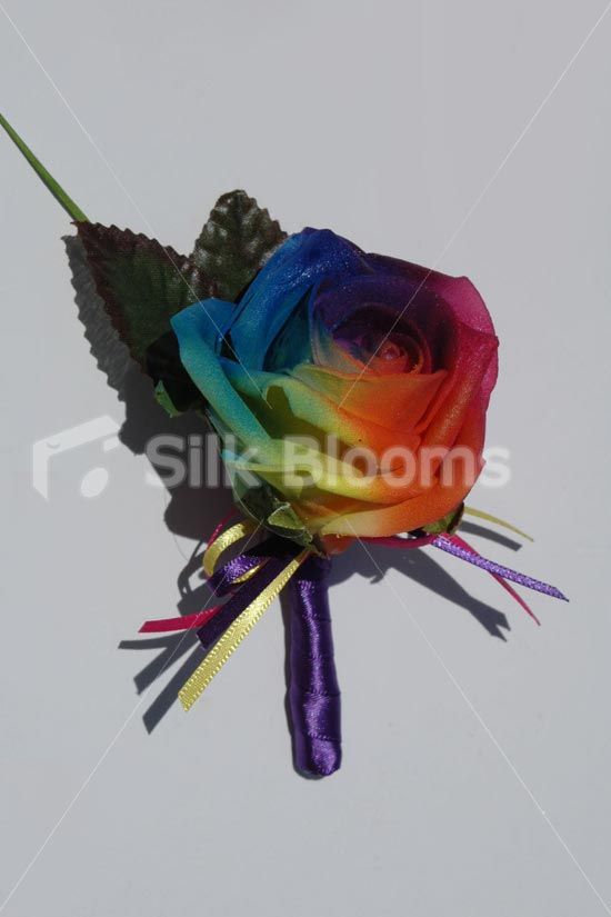 Wedding - Vibrant Multi-Colour Rainbow Rose Wedding Buttonhole W/ Crystals