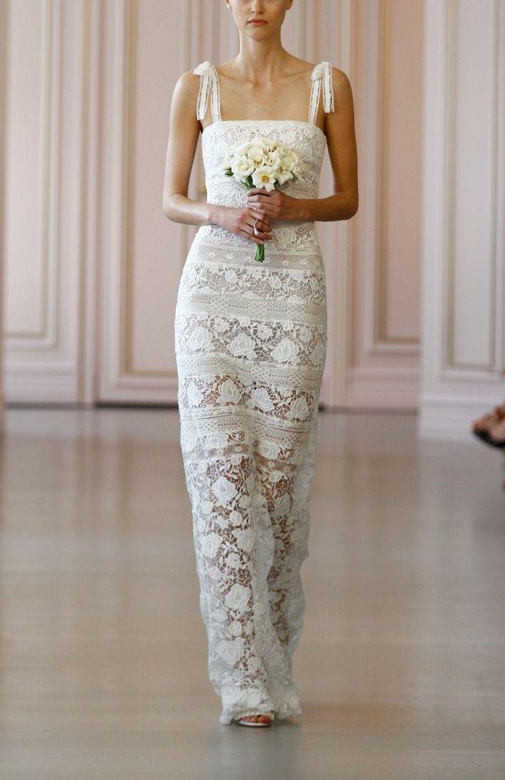 زفاف - Oscar de la Renta 'Ellie' Macramé & Lace Shoulder Tie Column Gown (In Stores Only) 