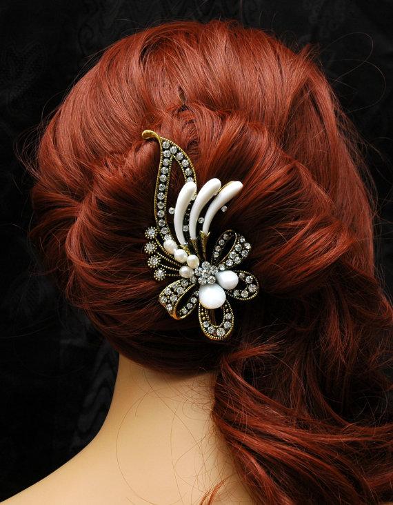 زفاف - Bridal Headpiece, Pearl Wedding Hair Clip, Crystal Hair Pin, Bow Hair Pin, Vintage Style Gold Hair Accessory, Wedding Hair Accessories