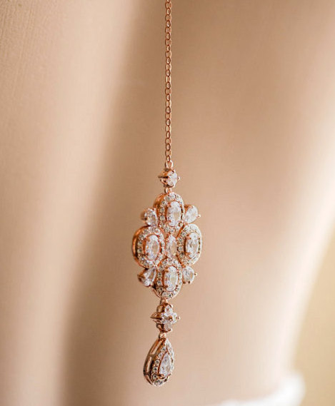Wedding - Rose Gold/Silver Bridal Backdrop Necklace Crystal and Pearl statement Wedding Statement Necklace Hollywood Back Drop Bridal Jewelry
