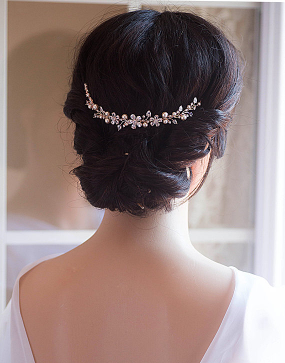 Свадьба - Wedding Hair Chain Bridal Hair Chain Swarovski Pearls Crystal Hair Wrap Headpiece Rose Gold Wedding Halo Crystal Hair Comb Comb Vine