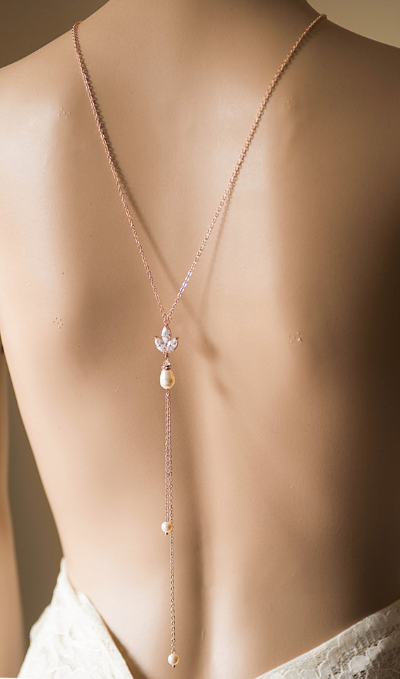 Hochzeit - Rose Gold Statement Wedding double Back drop Swarovski Pearl Crystal CZ crystal pendant Wedding necklace, Bridal Jewelry