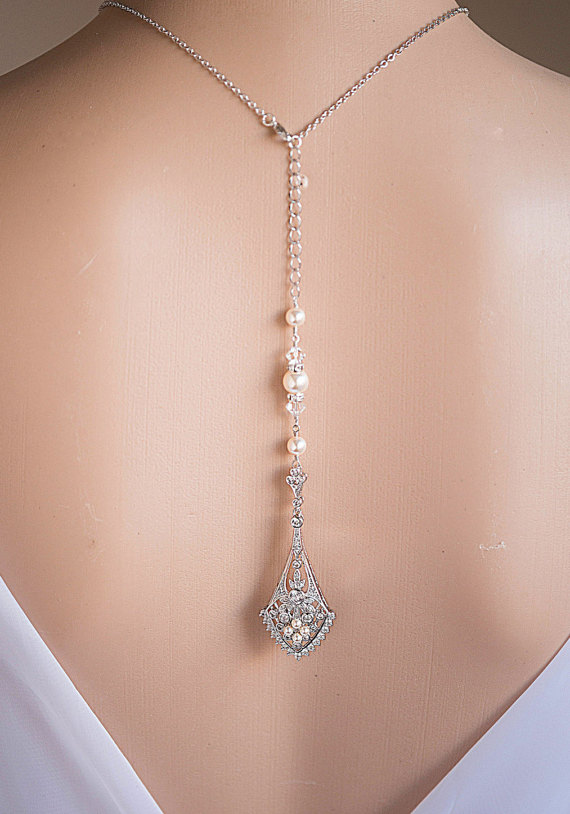 زفاف - Bridal Backdrop Necklace Swarovski Pearls,Crystals statement Wedding Necklace,Gold or Silver Statement Necklace Back Drop Bridal Jewelry
