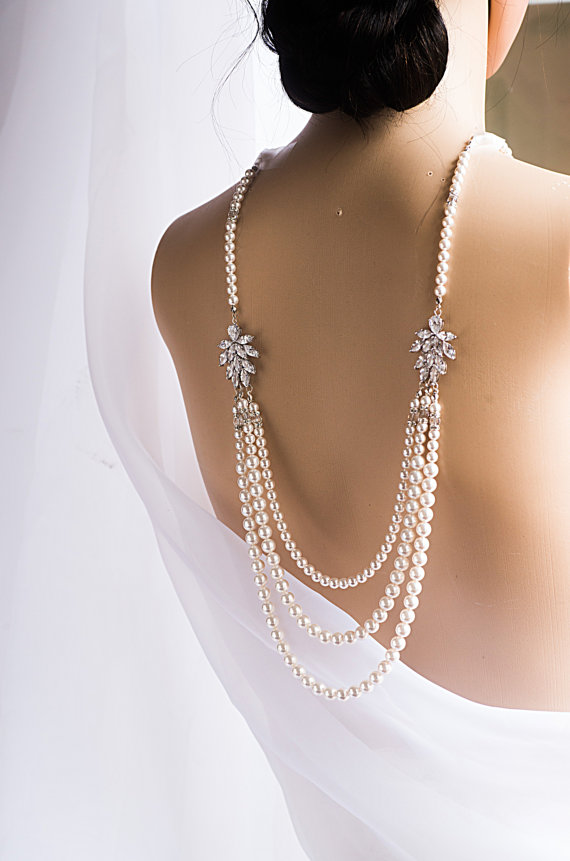 Wedding - 3 Strands Bridal Backdrop Necklace Crystal and swarovski Pearl statement Necklace, Silver Plated CZ Charms Necklace,Back Drop Bridal Jewelry