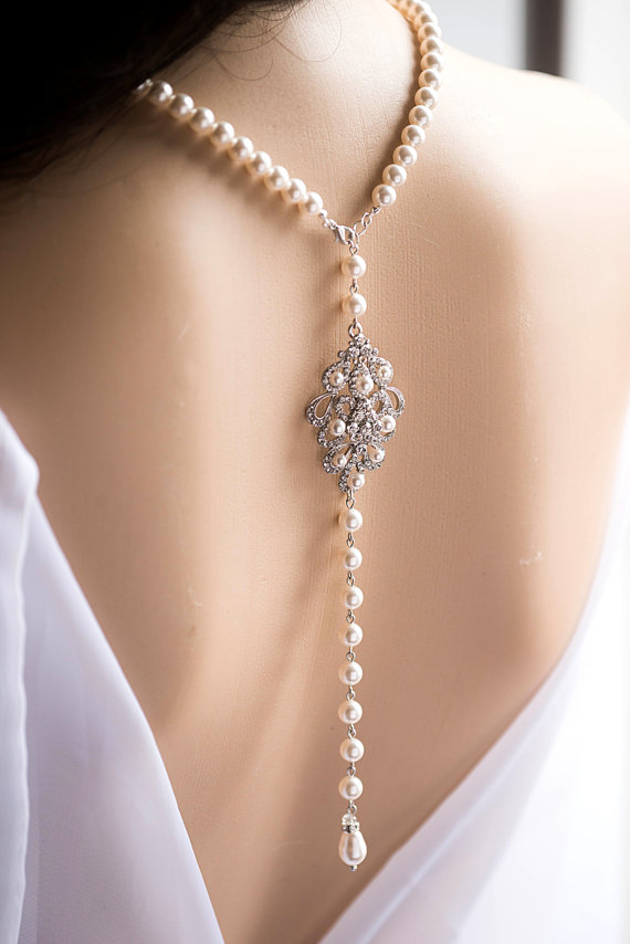 Hochzeit - Bridal Backdrop Necklace, Crystal and swarovski Pearl statement Necklace, Art Deco Statement Necklace,Back Drop Bridal Jewelry