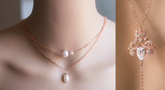 زفاف - Bridal Backdrop Necklace, Double silver chain with Swarovski Pearls Crystal statement Wedding Necklace, Back Drop Bridal Jewelry