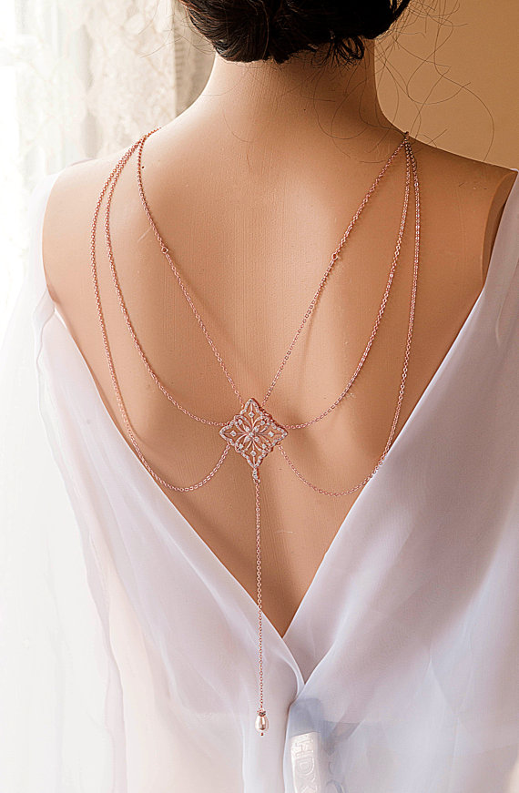 Hochzeit - 3 Strands Bridal Backdrop Necklace Crystal and Pearl Wedding Rose Gold Silver Statement Necklace Hollywood Back Drop Bridal Jewelry