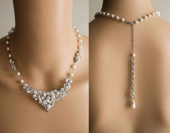 زفاف - Statement Wedding Necklace ,Swarovski Pearl Crystal Flower Pendant Necklace,Zirconia Crystal Back Drop Necklace.