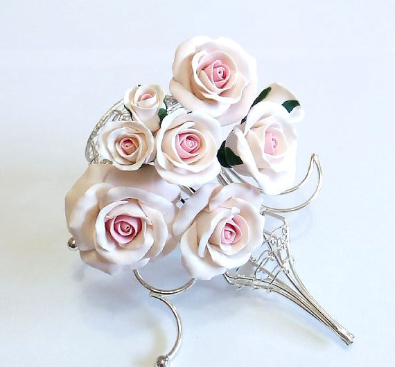 زفاف - White with Pale Pink Roses Set, Wedding Hair Accessories, Wedding Hair Accessory, Bridesmaid Jewelry, Bridal hair pins, set of 5 pins
