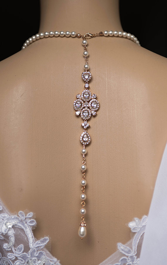 زفاف - Bridal Backdrop Necklace, Rhinestone Swarovski Pearl statement Necklace, Statement Necklace Back Drop Bridal Jewelry