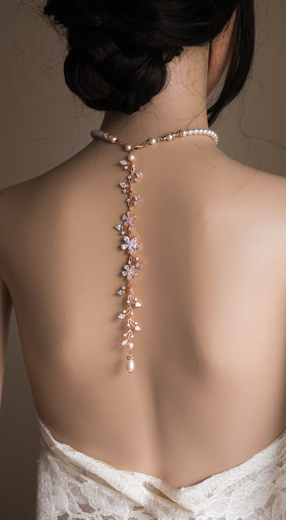 Hochzeit - Wedding Necklace,Floral Design Back Drop Necklace Swarovski pearls Silver Ball Silver Spacer Rhinestone Necklace Drop Necklace