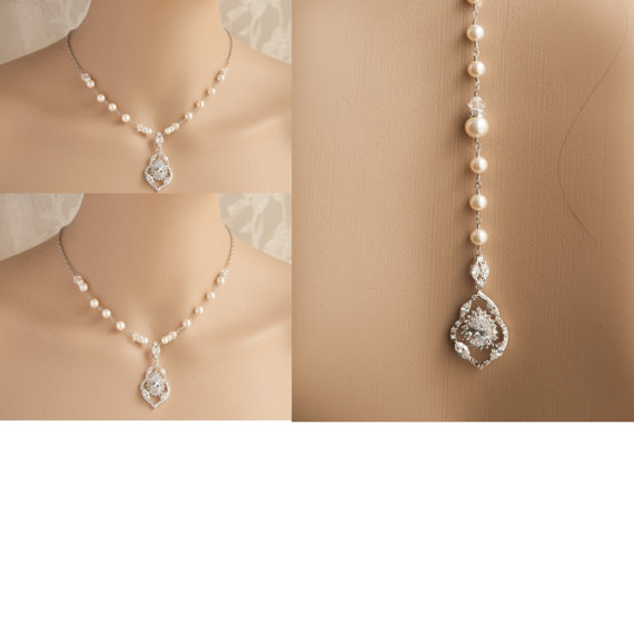 زفاف - Bridal Backdrop Necklace, Rhinestone and Swarovski Pearl Crystal Silver Spacer Statement Necklace ,Back Drop Bridal Jewelry