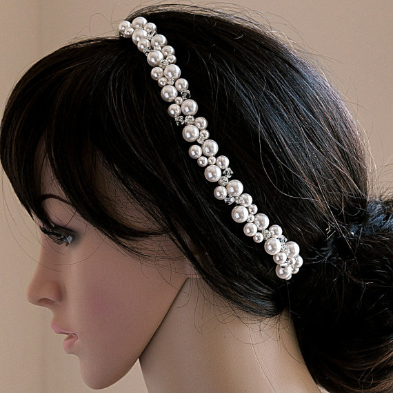 Hochzeit - Statement Wedding head band Swarovski Pearl Crystal cluster Headpiece Bridal Head Piece Wedding Hair Accessories