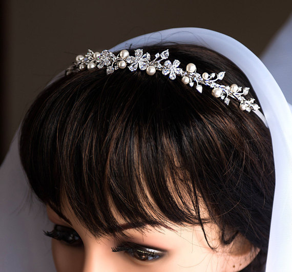 Hochzeit - Bridal Headband Swarovski Pearl and Rhinestone Bridal Head band tiara , Wedding Head band, Wedding Bridal Hair Accessories