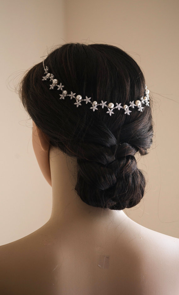 زفاف - Statement Wedding head band Pearl Chain Headpiece Bridal Head Piece Cubic Zirconia Crystal Stars Hair Wedding Hair Accessories