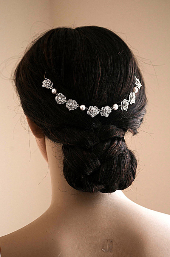 Mariage - Silver plated Roses Swarovski Pearls Headpiece Wedding Hair Chain Bridal Hair Wedding Halo Crystal , Wedding Hair piece