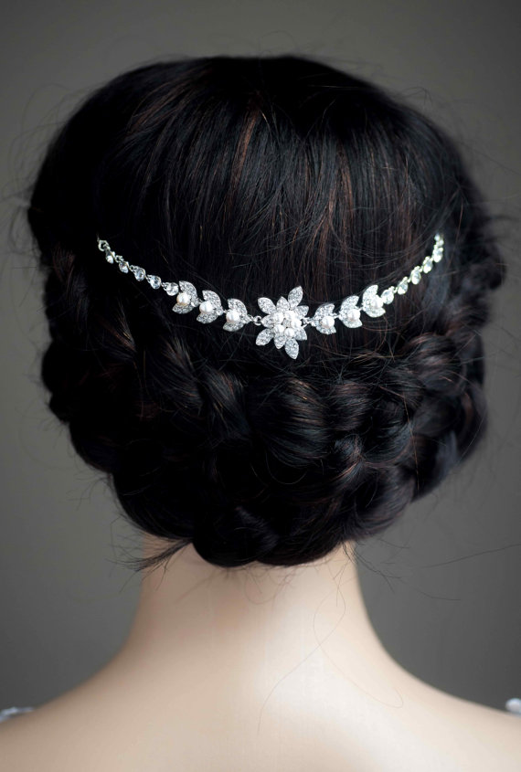 Wedding - Wedding Hair Chain Bridal Hair Chain Swarovski Pearls CZ crystal Hair Wrap Headpiece, Wedding Halo Crystal Hair Comb, Wedding Hair Comb Vine