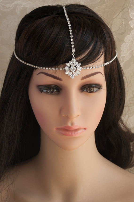 Hochzeit - Bridal Headpiece, Wedding Hair Accessories, 3 Swarovski Crystal Rhinestone chains Hair Halo, Art Deco Hairpiece, Vintage Style Headband